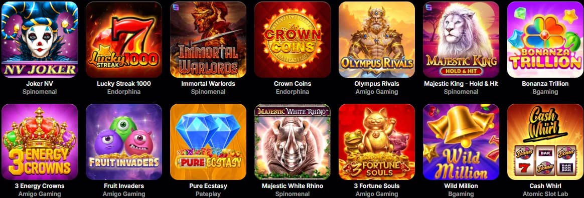 Skärmdump som visar ett urval av slots på NV Casinos hemsida